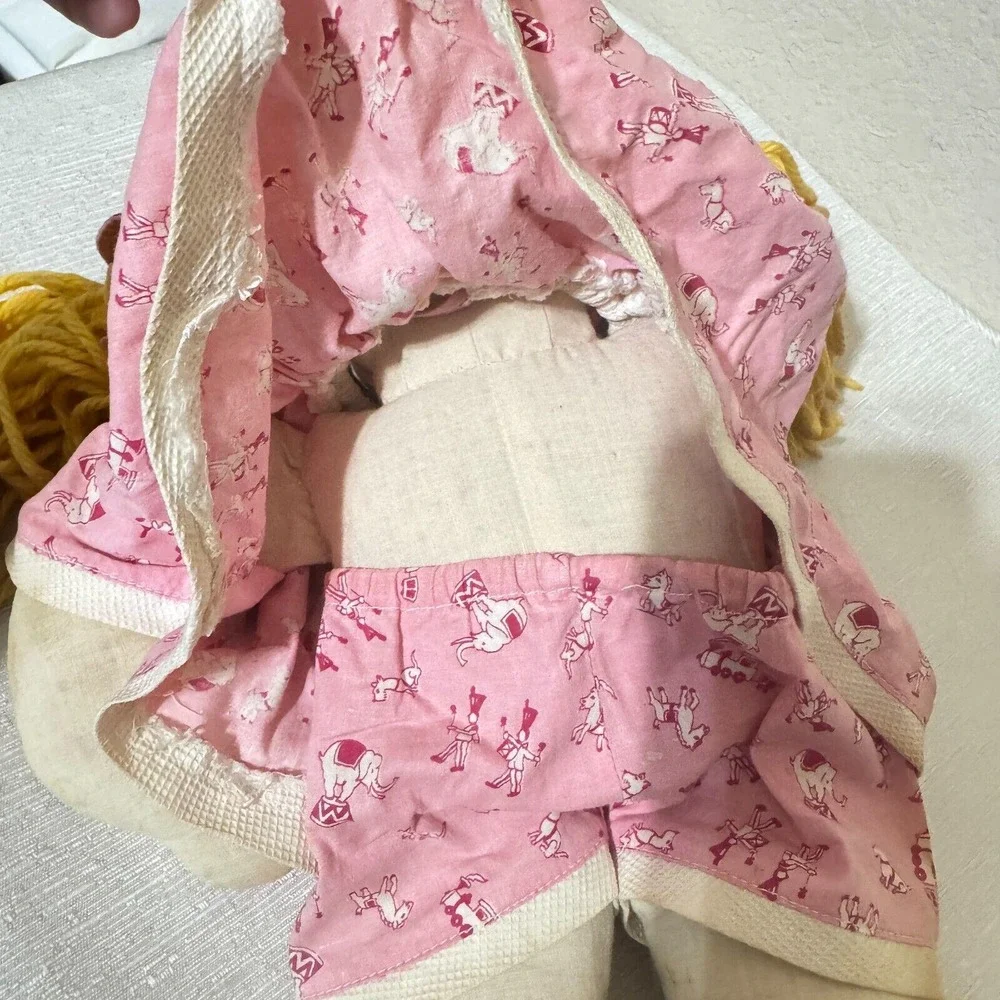 Vintage Handmade Rag Doll Yellow Yarn Hair Pink Circus Outfit Cottagecore 18